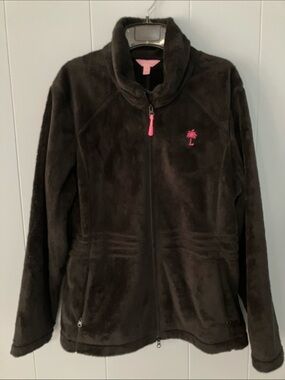 Lilly Pulitzer Maddie Jacket XL Fuzzy Black with Pink Logo Tag